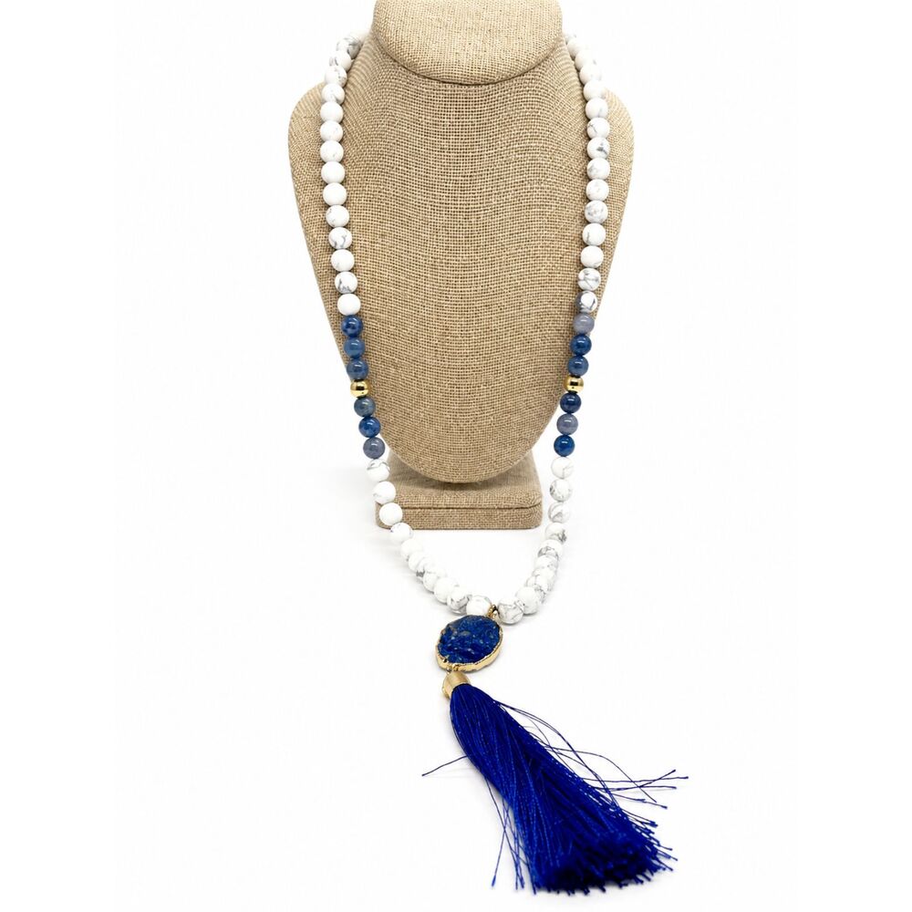 Bead Necklace Mala Style Blue Druzy Tassel Boho Statement Long Necklace